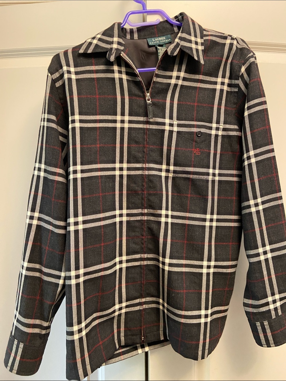 Lauren Ralph Lauren Wool Black Plaid Zip-Front Jacket with Cream and Red Accents